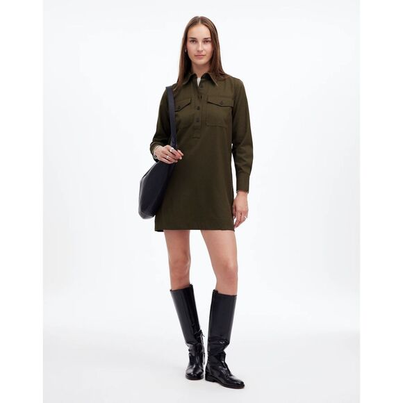 NWT Madewell Women's Button-Up Mini Shirtdress in Dark Olive Melange Size Small - Picture 6 of 15